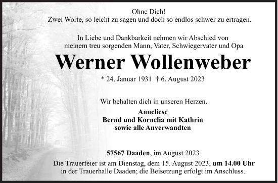 Traueranzeige von Werner Wollenweber von Siegener Zeitung
