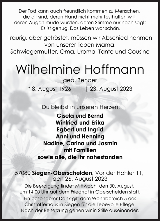 Traueranzeige von Wilhelmine Hoffmann von Siegener Zeitung