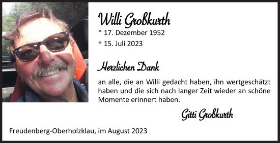 Traueranzeige von Willi Großkurth von Siegener Zeitung