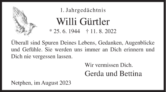 Traueranzeige von Willi Gürtler von Siegener Zeitung