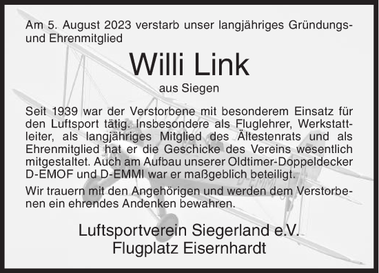 Traueranzeige von Willi Link von Siegener Zeitung