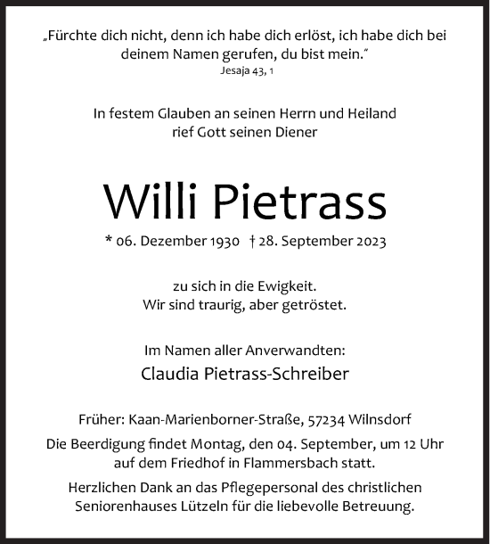 Traueranzeige von Willi Pietrass von Siegener Zeitung