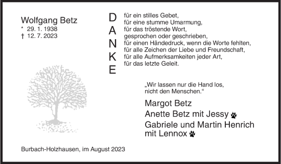 Traueranzeige von Wolfgang Betz von Siegener Zeitung