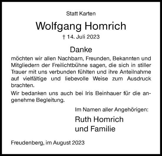Traueranzeige von Wolfgang Homrich von Siegener Zeitung