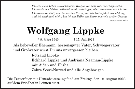 Traueranzeige von Wolfgang Lippke von Siegener Zeitung