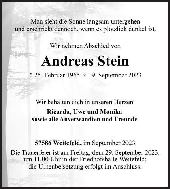 Traueranzeige von 2Andreas Stein von Siegener Zeitung