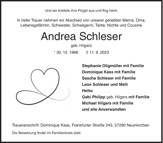 Traueranzeige von Andrea Schleser von Siegener Zeitung