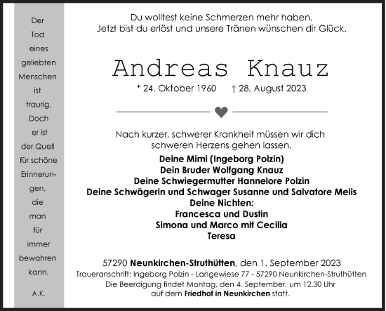 Traueranzeige von Andreas Knauz von Siegener Zeitung