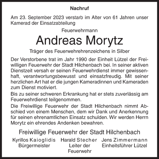 Traueranzeige von Andreas Morytz von Siegener Zeitung