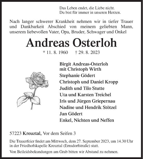 Traueranzeige von Andreas Osterloh von Siegener Zeitung