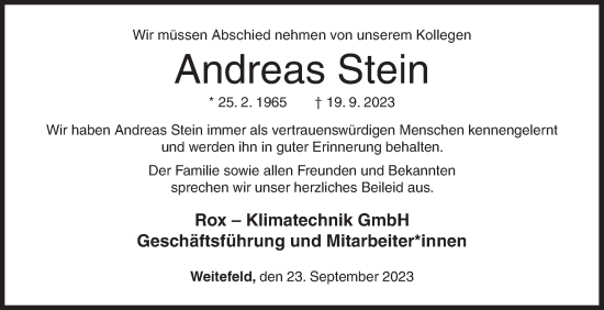 Traueranzeige von Andreas Stein von Siegener Zeitung