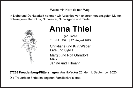 Traueranzeige von Anna Thiel von Siegener Zeitung
