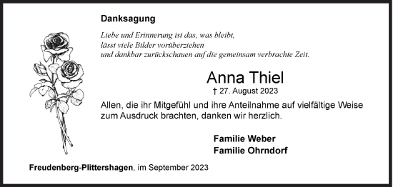 Traueranzeige von Anna Thiel von Siegener Zeitung