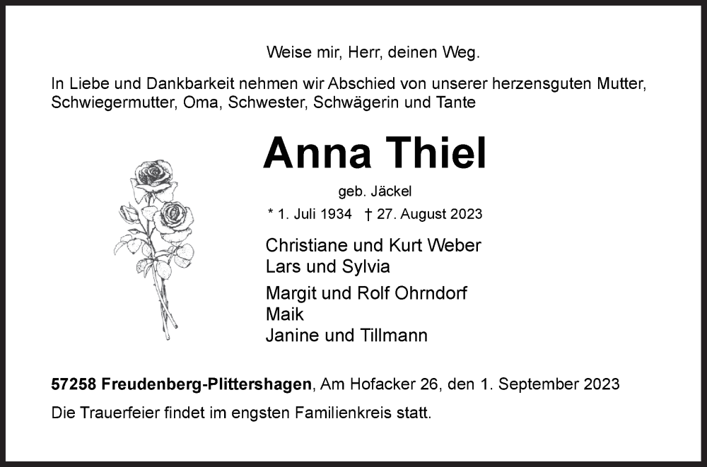  Traueranzeige für Anna Thiel vom 01.09.2023 aus Siegener Zeitung