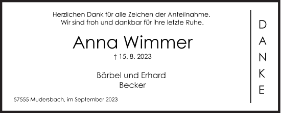 Traueranzeige von Anna Wimmer von Siegener Zeitung