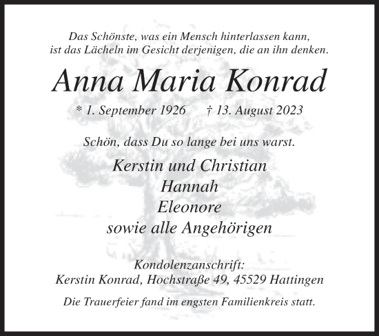 Traueranzeige von Anna Maria Konrad von Siegener Zeitung