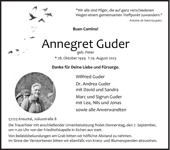 Traueranzeige von Annegret Guder von Siegener Zeitung