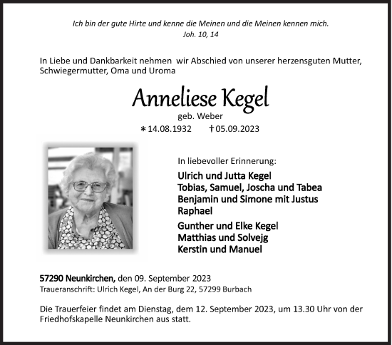 Traueranzeige von Anne Lese Kegel von Siegener Zeitung