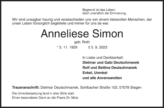 Traueranzeige von Anneliese Simon von Siegener Zeitung