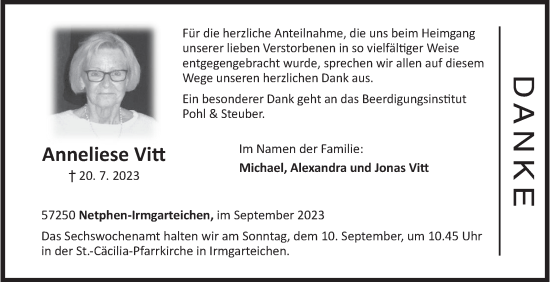 Traueranzeige von Anneliese Vitt von Siegener Zeitung