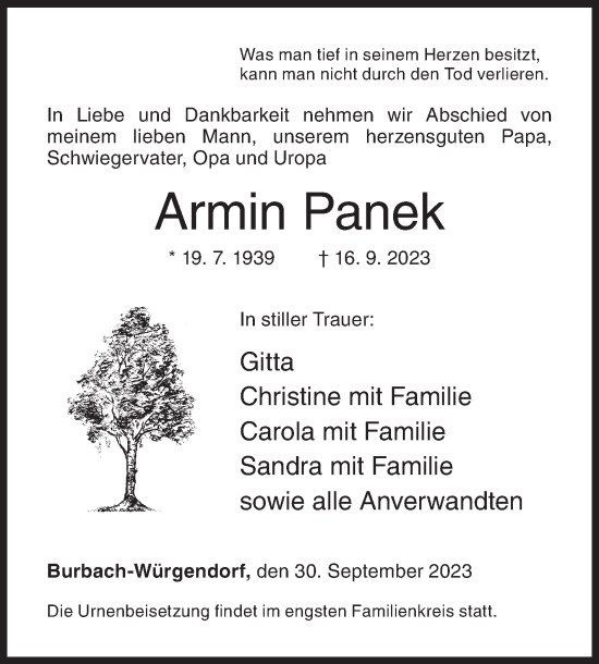 Traueranzeige von Armin Panek von Siegener Zeitung