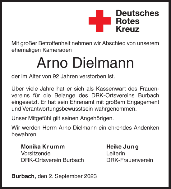 Traueranzeige von Arno Dielmann von Siegener Zeitung
