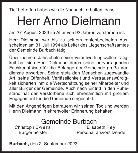 Traueranzeige von Arno Dielmann von Siegener Zeitung