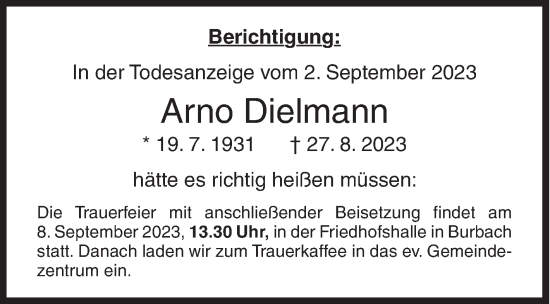 Traueranzeige von Arno Dielmann von Siegener Zeitung
