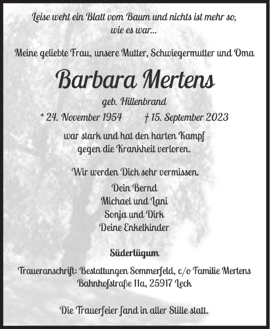 Traueranzeige von Barbara Mertens von Siegener Zeitung