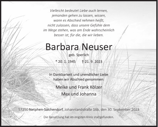 Traueranzeige von Barbara Neuser von Siegener Zeitung