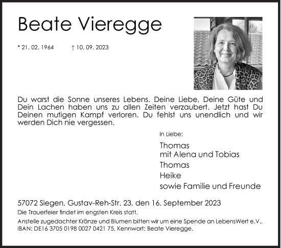 Traueranzeige von Beate Vieregge von Siegener Zeitung