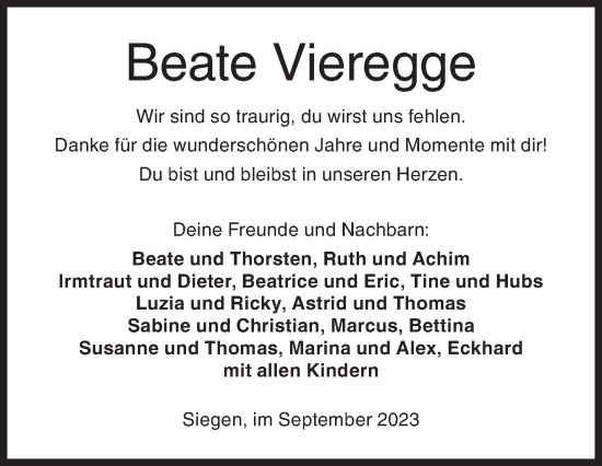 Traueranzeige von Beate Vieregge von Siegener Zeitung