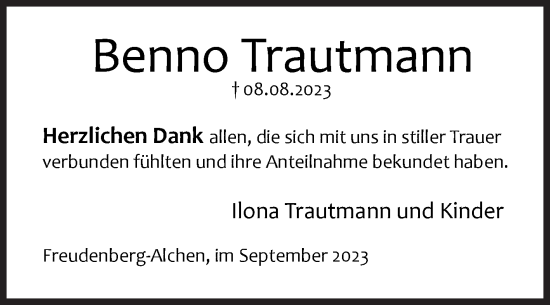 Traueranzeige von Benno Trautmann von Siegener Zeitung