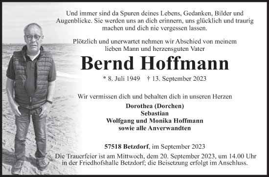 Traueranzeige von Bernd Hoffmann von Siegener Zeitung