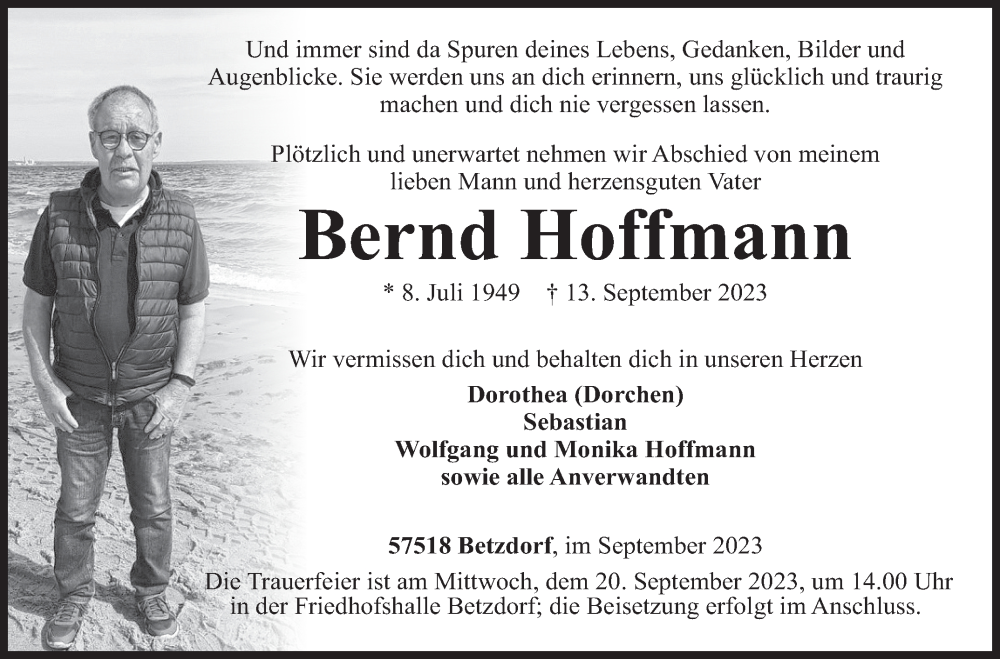  Traueranzeige für Bernd Hoffmann vom 16.09.2023 aus Siegener Zeitung