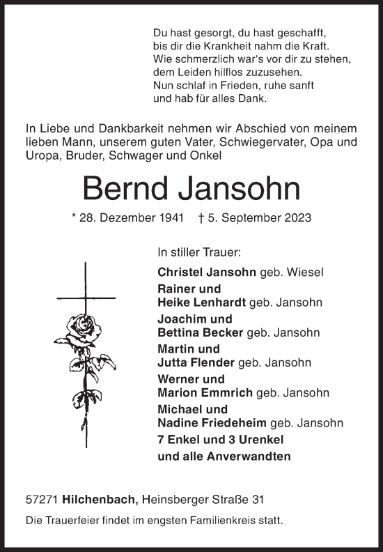 Traueranzeige von Bernd Jansohn von Siegener Zeitung