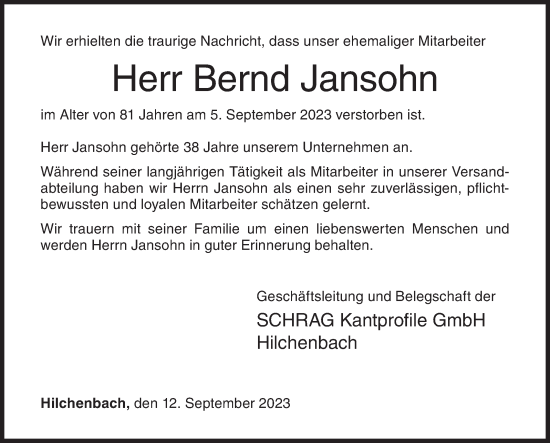 Traueranzeige von Bernd Jansohn von Siegener Zeitung