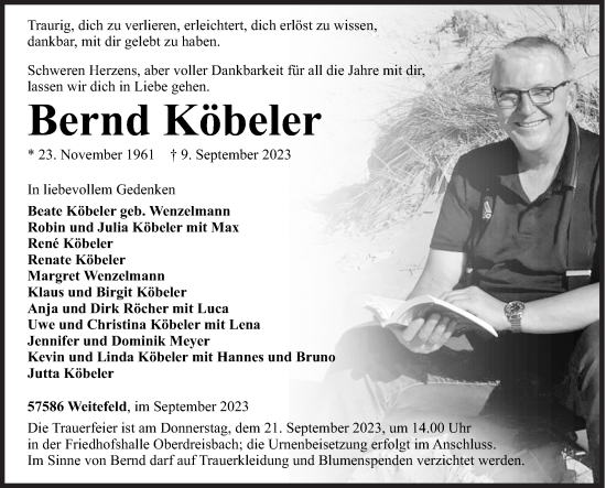 Traueranzeige von Bernd Köbeler von Siegener Zeitung