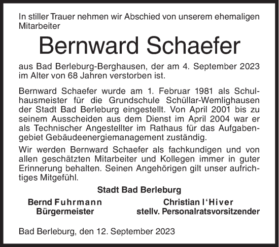 Traueranzeige von Bernward Schaefer von Siegener Zeitung