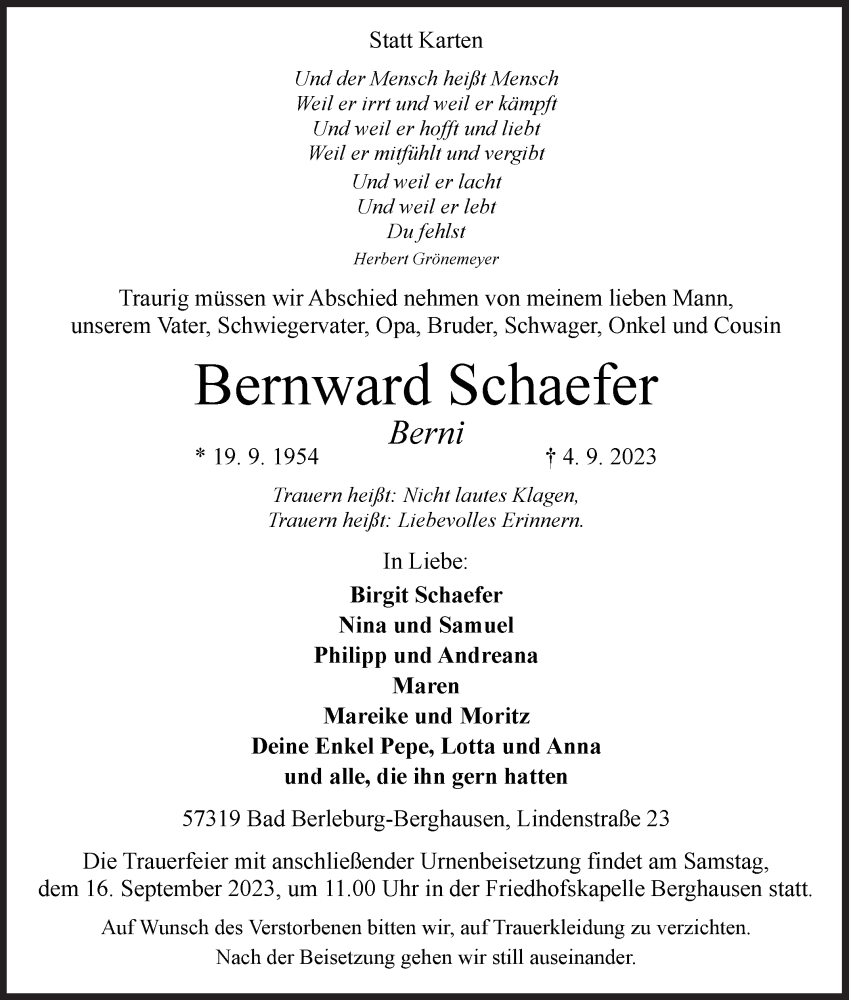  Traueranzeige für Bernward Schaefer vom 09.09.2023 aus Siegener Zeitung