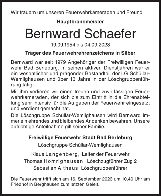 Traueranzeige von Bernward Schaefer von Siegener Zeitung