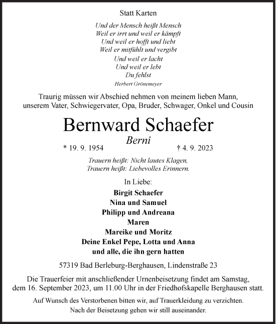 Traueranzeige von Bernward Schaefer von Siegener Zeitung