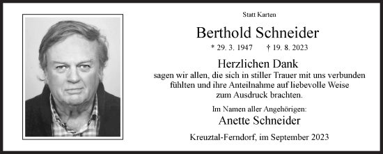 Traueranzeige von Berthold Schneider von Siegener Zeitung