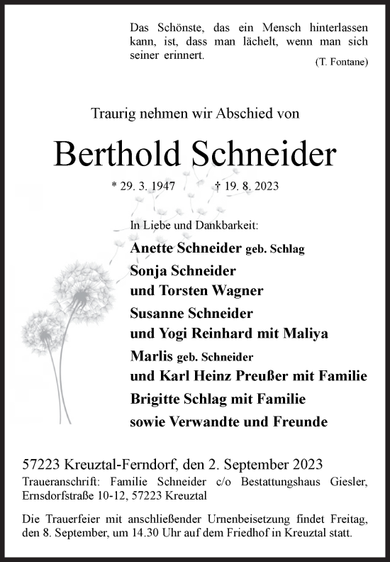 Traueranzeige von Berthold Schneider von Siegener Zeitung