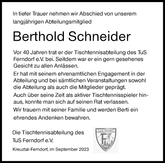 Traueranzeige von Berthold Schneider von Siegener Zeitung