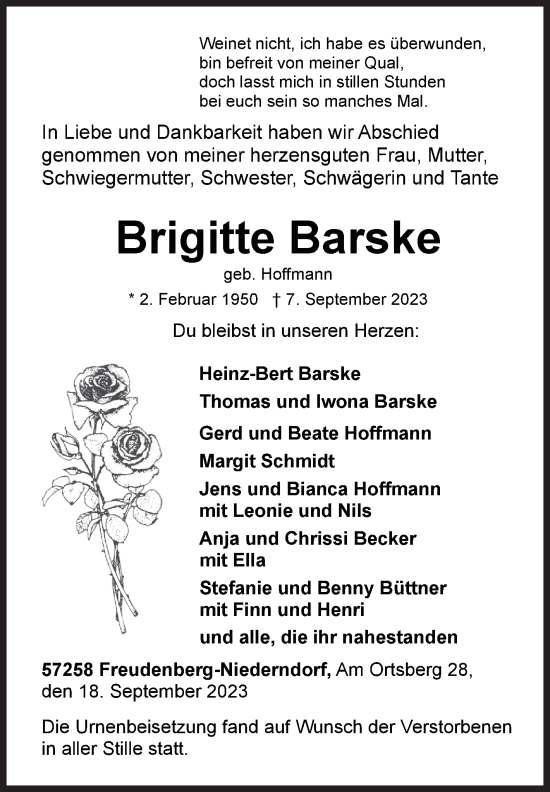 Traueranzeige von Brigitte Barske von Siegener Zeitung