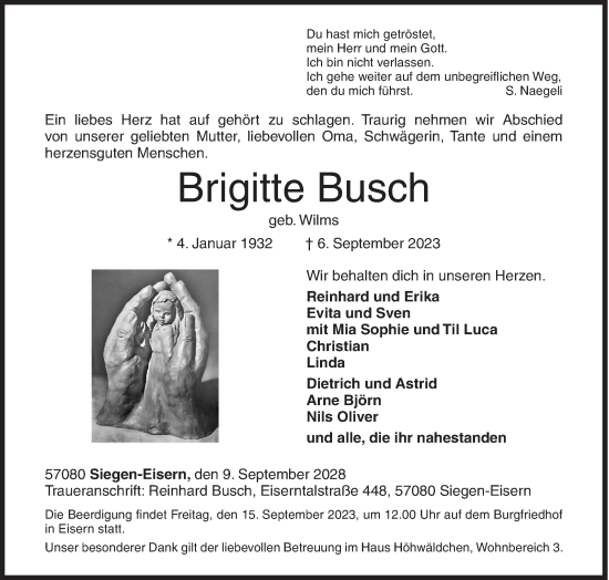 Traueranzeige von Brigitte Busch von Siegener Zeitung