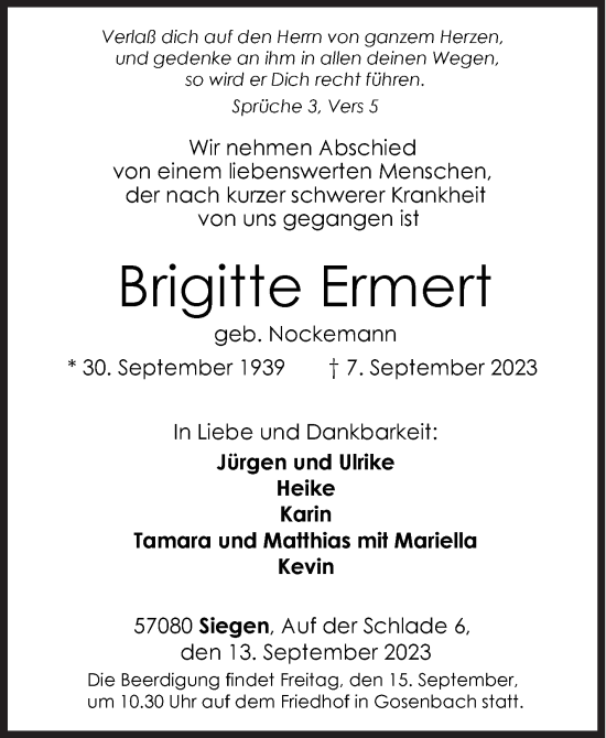 Traueranzeige von Brigitte Ermert von Siegener Zeitung