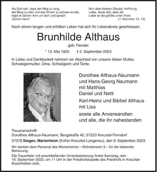 Traueranzeige von Brunhilde Althaus von Siegener Zeitung
