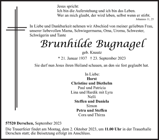 Traueranzeige von Brunhilde Bugnagel von Siegener Zeitung